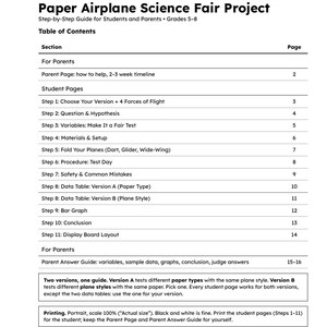 Paper Plane Science Fair Project Guide | Step by Step Student Packet | Grades 5-8 | Fair Test, Data Table, Bar Graph, Display Board image 2
