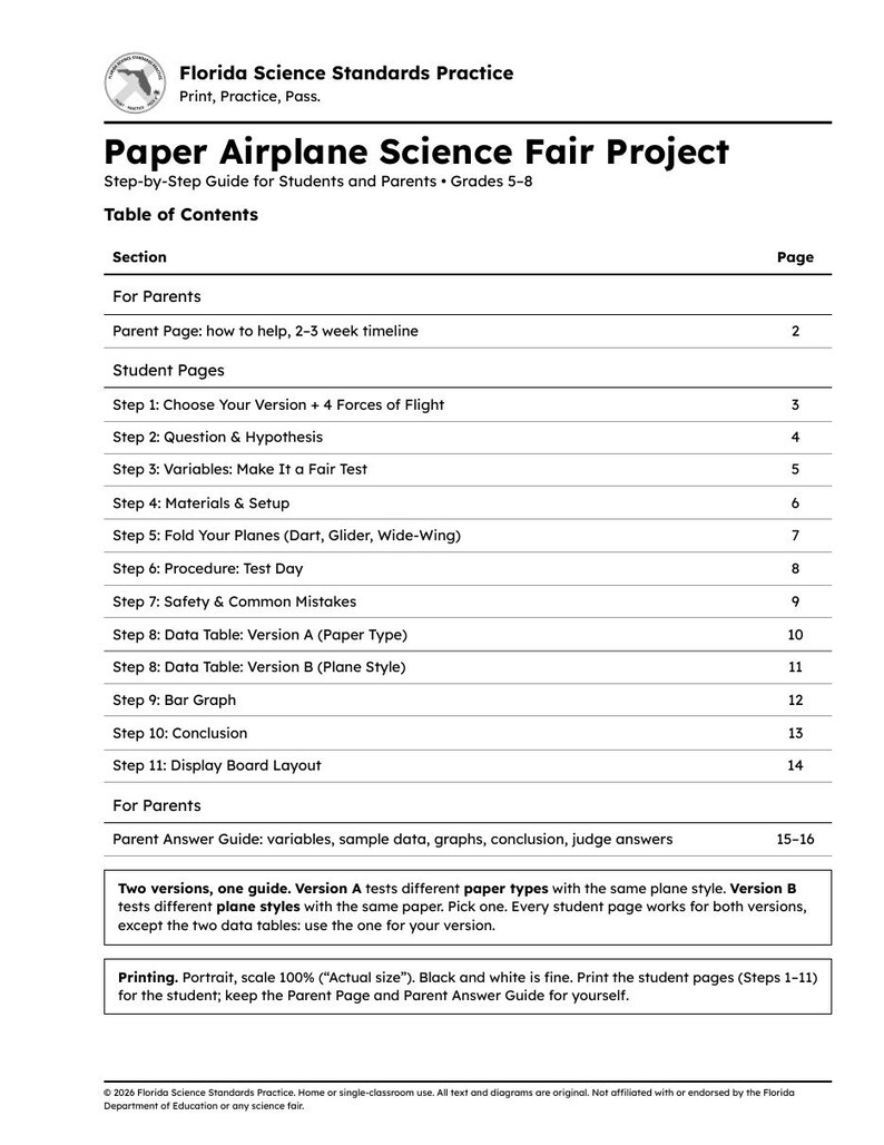 Paper Plane Science Fair Project Guide | Step by Step Student Packet | Grades 5-8 | Fair Test, Data Table, Bar Graph, Display Board image 2
