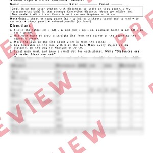 May include: A black and white educational worksheet titled Florida Science Standards Practice Version A: Paper Model Page 1. It includes a goal, materials list, and five numbered directions for drawing a solar system to scale on paper.