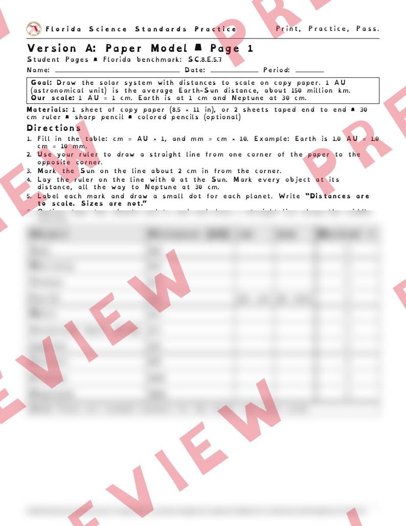 May include: A black and white educational worksheet titled Florida Science Standards Practice Version A: Paper Model Page 1. It includes a goal, materials list, and five numbered directions for drawing a solar system to scale on paper.