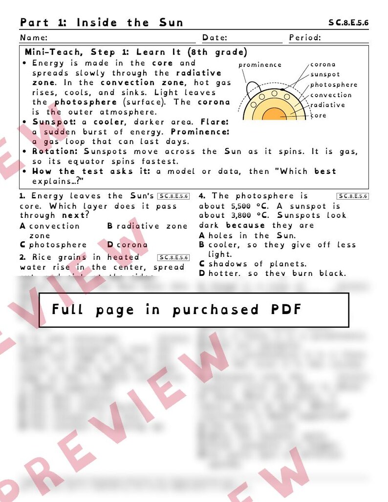 Sun Models Sunspots and Star Properties Worksheets, Florida 8th Grade Science Test Review, SC.8.E.5.6 SC.8.E.5.5 image 2