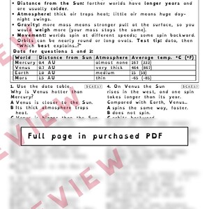 May include: An 8th grade science worksheet titled Part 1: Comparing Worlds, featuring a table with data on Mercury, Venus, Earth, and Mars. It includes educational text about planetary distance, atmosphere, gravity, and movement, plus multiple-choice questions.