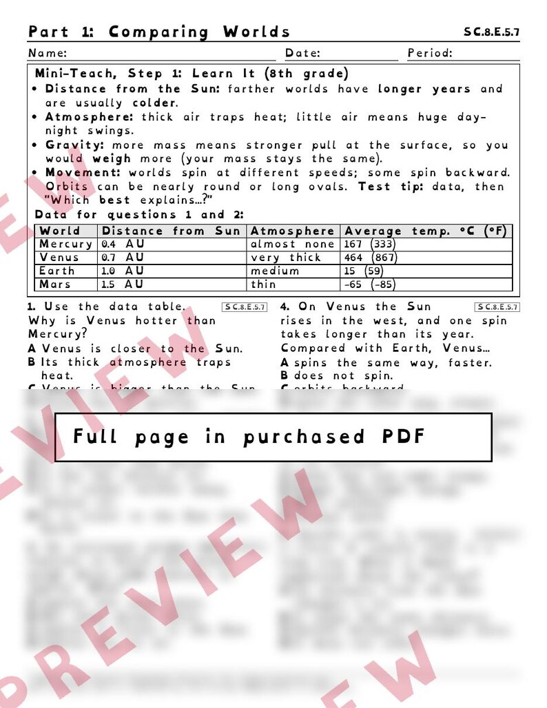 May include: An 8th grade science worksheet titled Part 1: Comparing Worlds, featuring a table with data on Mercury, Venus, Earth, and Mars. It includes educational text about planetary distance, atmosphere, gravity, and movement, plus multiple-choice questions.