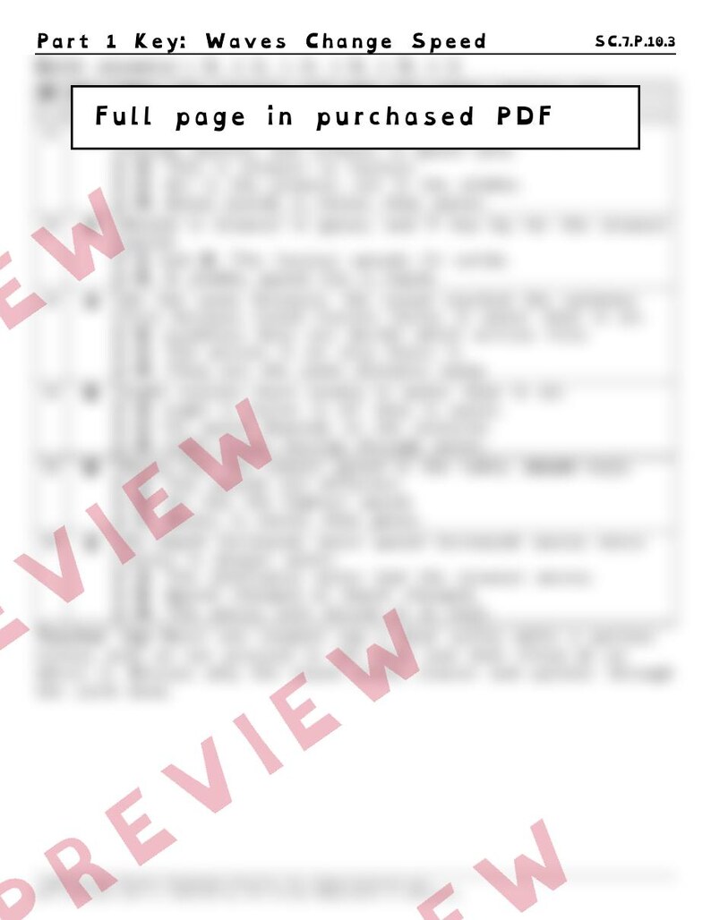 May include: A black and white educational worksheet titled Part 1 Key: Waves Change Speed with the code SC.7.P.10.3. The document features a central box containing the text Full page in purchased PDF, overlaid with a large, semi-transparent red watermark reading PREVIEW.