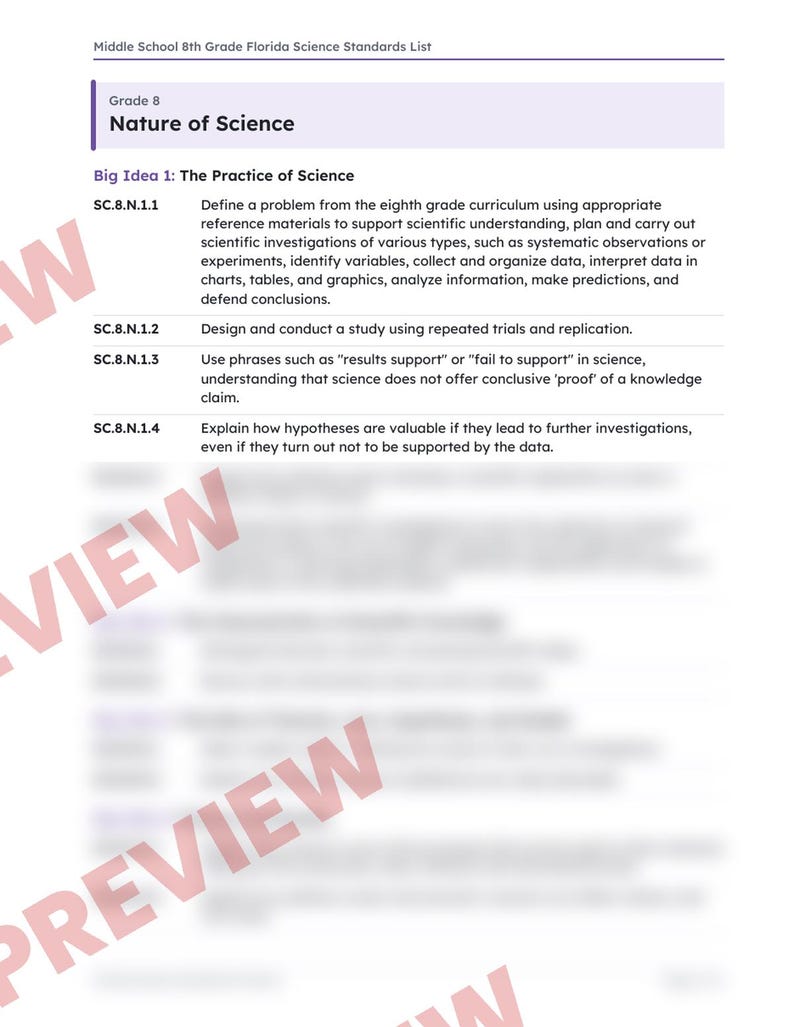 8th Grade Florida Science Standards List, Middle School NGSSS Benchmarks Printable, Lesson Planning, Teacher Binder, 8th Grade Science image 2