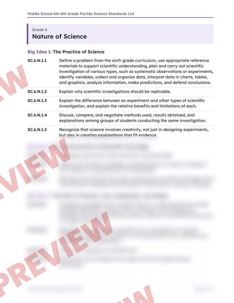 Florida Science Standards List Grades 6, 7 and 8, Middle School NGSSS Benchmarks Printable, Lesson Planning, Teacher Binder image 3