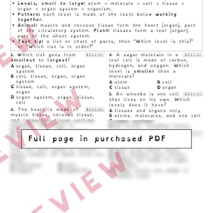 May include: A science worksheet titled Part 1: From Atoms to Organisms, featuring educational text, a Mini-Teach section, and multiple-choice questions about biological levels of organization, with a large watermark reading Full page in purchased PDF.