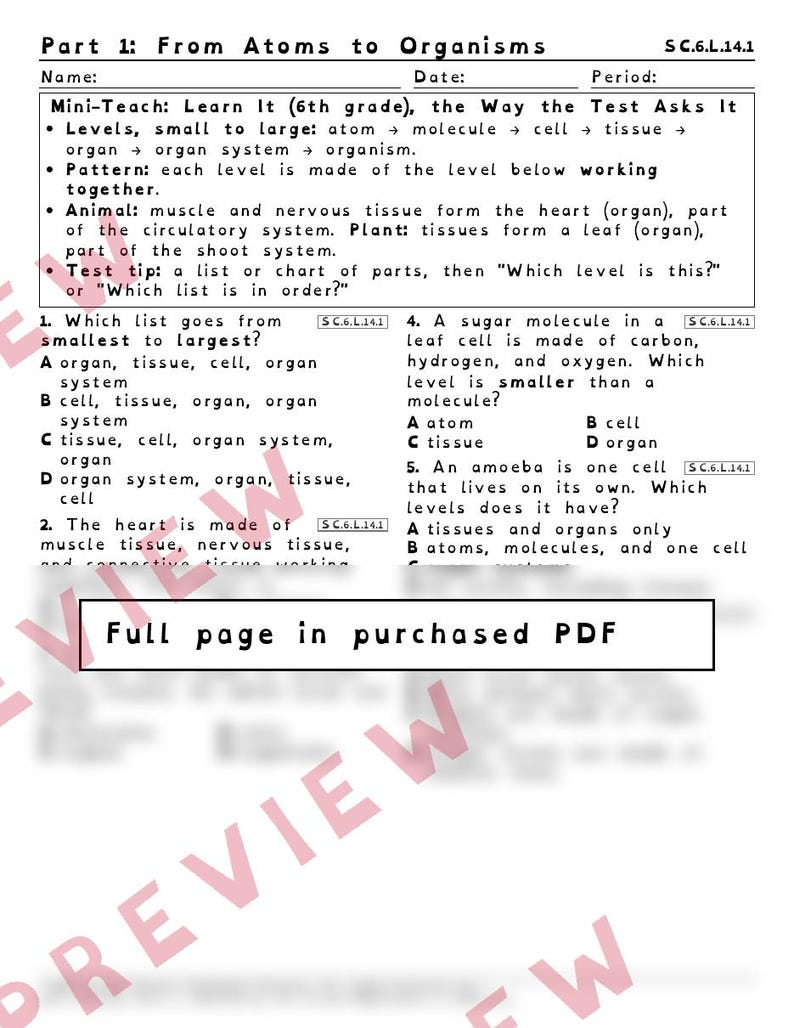 May include: A science worksheet titled Part 1: From Atoms to Organisms, featuring educational text, a Mini-Teach section, and multiple-choice questions about biological levels of organization, with a large watermark reading Full page in purchased PDF.