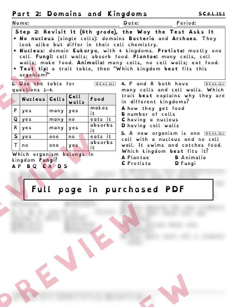 Classification Domains and Kingdoms Worksheets, Florida 8th Grade Science Test Review, SC.6.L.15.1, Printable Middle School Science image 3