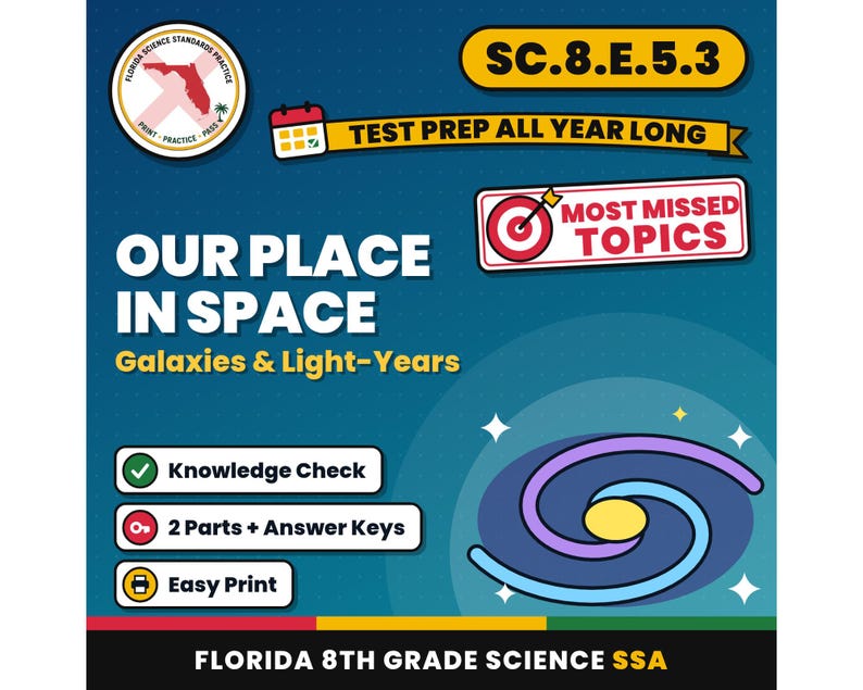 Our Place in Space Galaxies and Light-Years Worksheets, Florida 8th Grade Science Test Review, SC.8.E.5.3 SC.8.E.5.1 image 1