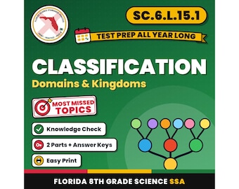 Classification Domains and Kingdoms Worksheets, Florida 8th Grade Science Test Review, SC.6.L.15.1, Printable Middle School Science