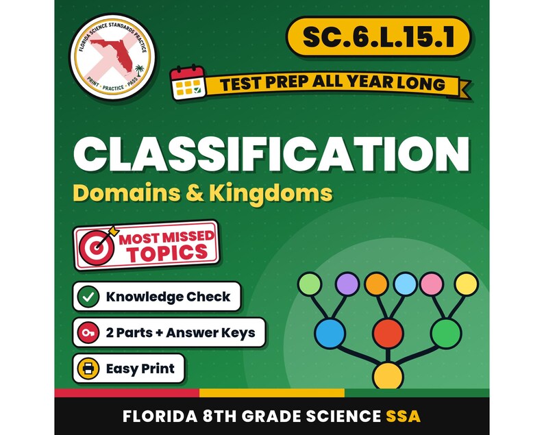 Classification Domains and Kingdoms Worksheets, Florida 8th Grade Science Test Review, SC.6.L.15.1, Printable Middle School Science image 1