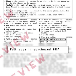 Gravity and Forces Weight vs. Mass Worksheets, Florida 8th Grade Science Test Review, SC.6.P.13.1 SC.6.P.13.2 image 2