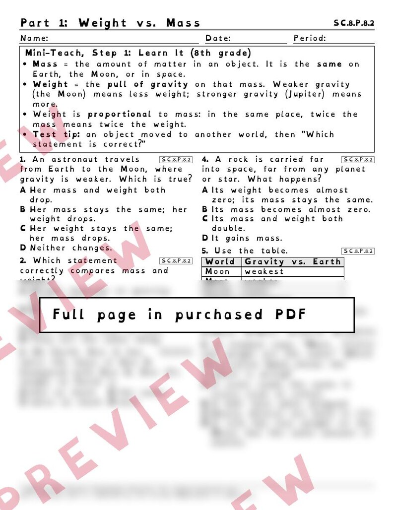 Gravity and Forces Weight vs. Mass Worksheets, Florida 8th Grade Science Test Review, SC.6.P.13.1 SC.6.P.13.2 image 2