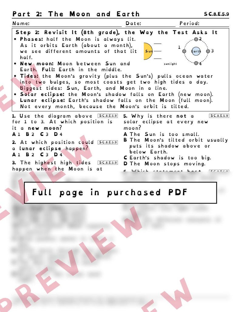 Sun, Earth and Moon Seasons, Tides and Eclipses Worksheets, Florida 8th Grade Science Test Review, SC.8.E.5.9 image 3