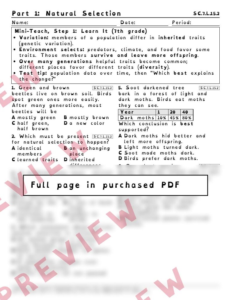 Natural Selection Fossils and Extinction Worksheets, Florida 8th Grade Science Test Review, SC.7.L.15.2 SC.7.L.15.1 image 2