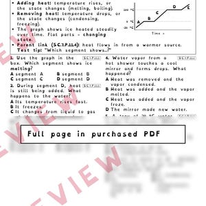 Pu&ograve; includere: Una scheda didattica intitolata Part 2: Heat and Changes of State, con un grafico a linee della temperatura nel tempo, segmenti da A a E e domande a scelta multipla sui cambiamenti di stato e sul trasferimento di calore.