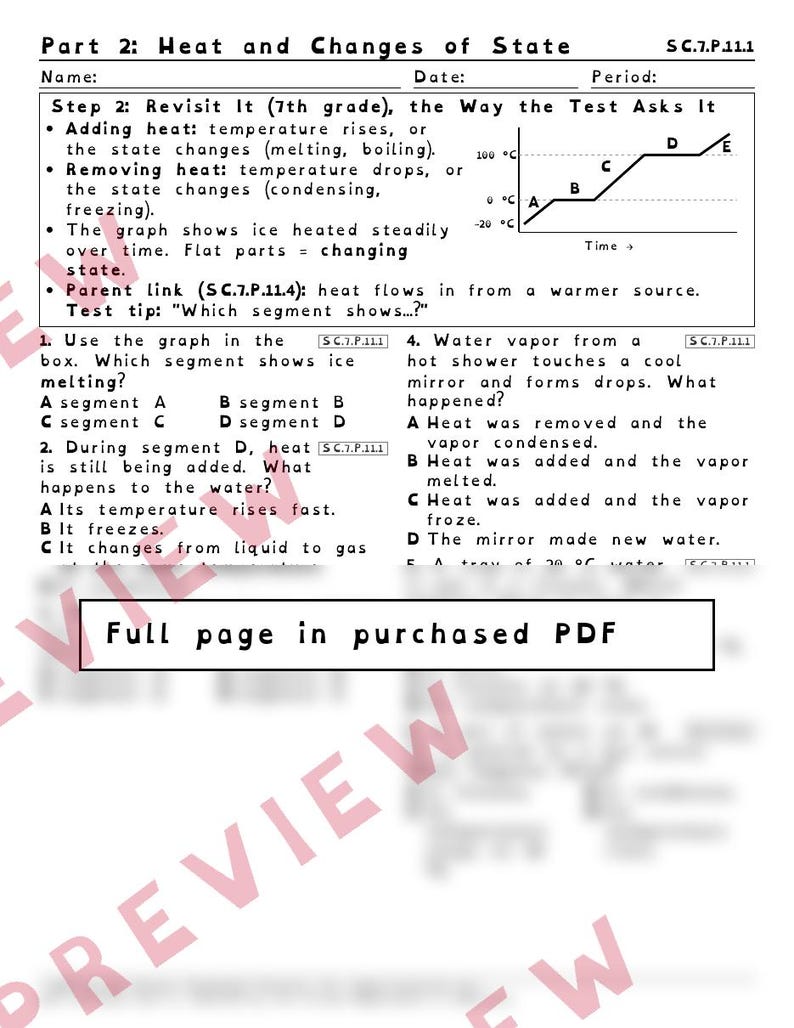 Pu&ograve; includere: Una scheda didattica intitolata Part 2: Heat and Changes of State, con un grafico a linee della temperatura nel tempo, segmenti da A a E e domande a scelta multipla sui cambiamenti di stato e sul trasferimento di calore.
