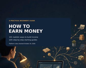 Może przedstawiać: Okładka książki z tytułem A PRACTICAL BEGINNER'S GUIDE HOW TO EARN MONEY 101 realistic ways to build income with step-by-step starting guides. Ciemnoniebieska okładka przedstawia ilustrację osoby pracującej przy laptopie z ikonami.