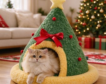 クリスマスツリー型猫用ベッド、星とリボン付きの居心地の良い猫用隠れ家、室内猫用の暖かくふわふわの隠れ家、ホリデーペットギフト