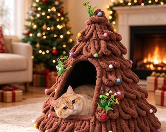 Brun tofs julgran kattgrottbädd, halvslutet mysigt katthus, varmt husdjursbo för helgen, juldekoration för katt, julklapp till kattälskare