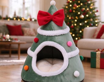 Christmas Tree Cat Bed,Warm Enclosed Pet Cave Bed,Winter Soft Plush Cat House,Holiday Decor Pet Nest for Kitten Small Dog,Christmas Pet Gift