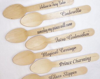 CINDERELLA  18 Stamped Spoons, Wood Utensil, Biodegradable, Disposable, Princess, Magic Kingdom, Castle, Party, Ice Cream, Eco Friendly