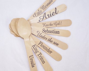 LittLe Mermaid Wood Spoons 18 HAND STAMPED Words Custom Favors , Ice Cream Spoons, Eco Friendly