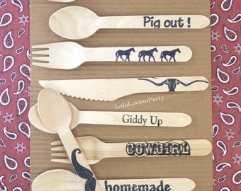 Wooden Spoons Forks Utensils - Hand Stamped Place setting for 6 including Dessert Spoons WESTERN Theme Shown We Have DOZENS to choose from