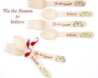 CHRISTMAS ELF Wood Cutlery -Set for 10 -   a 20 piece listing- Hand Stamped  Wood Spoon & Fork Magical Elf-  -Christmas Party