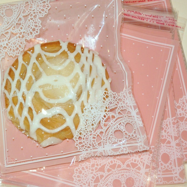 20 FaNcY Lace Printed PiNk Pastry / CooKiE BAGS self adhesive seal -  Bakery - Cookie - Cake and CaNdY Bags -