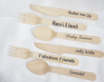 Brunch with the Girls 10 SETs of Wood Utensils  Little Mini Dainty Fancy Social Sized SPOONs FORKS and KNIVES with Brunch Words