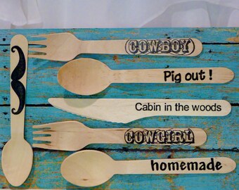 Hand Stamped  WOOD Spoons , have a  Cowboy Boot Kickin' Party  -  setting for 12 WITH 12 Icecream , Dessert Spoons