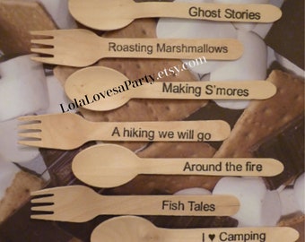 Quantity 24 S'mores Wooden Spoons & Forks - Camping, Eco Friendly, Hand Stamped Utensils , Scouts, Fire Pit, Fish, Woods, Marshmallow