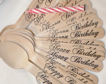 20 WOODen HaPPy BiRtHdAy SpooNs - 20 total pieces  Hand Stamped  Wooden Spoons BirthDAY PaRtY PerFeCt ,Ice Cream