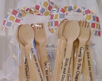WEDDING Vintage Wood Spoon and Fork - 30 Tie the Knot Collection- Wedding, Bridal,- Party, Hand Stamped Wooden Cutlery Utensils