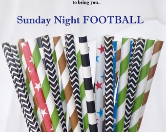 FOOTBALL All American Paper STRAWS assorted 75 Referee Black, Football Brown, Red & Blue Stars and TURF Green - Tailgating - Game Day