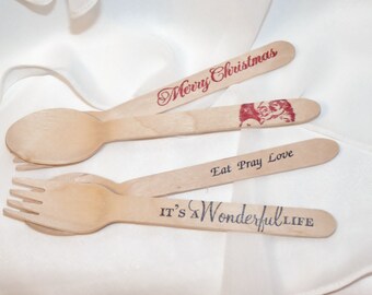 SANTA's CHRISTMAS Wood Cutlery -SeTTiNg for 8 - 16 pieces - Hand Stamped  Wood Spoon & Fork HeY SANTA- Dinner is SeRvED -Christmas Party