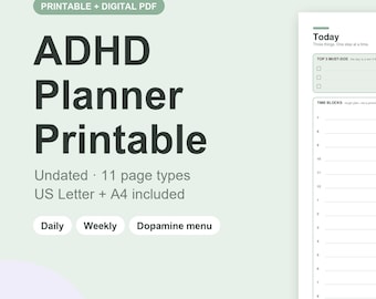 Può includere: Un pianificatore digitale stampabile per ADHD con layout giornaliero che include sezioni per priorità, controllo energia, blocchi orari, appunti, bisogni di base e successi quotidiani, con etichette di testo e caselle di controllo.