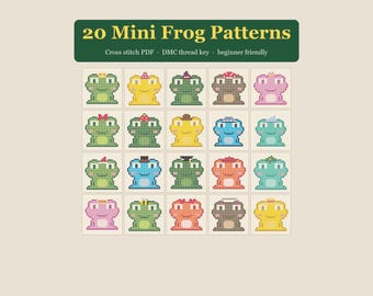 20 mini schemi per punto croce a forma di rana in formato PDF, simpatiche rane con cappelli, adatti ai principianti, legenda dei filati DMC, schemi di simboli e colori, download immediato.