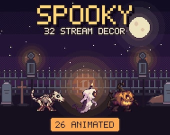 Può includere: Una grafica in pixel art con il testo SPOOKY 32 STREAM DECOR e 26 ANIMATED. La scena raffigura un cimitero buio di notte con luna piena, una recinzione in metallo, lapidi, una creatura scheletrica, un fantasma e una zucca.