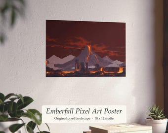 Può includere: Un poster rettangolare con pixel art di un paesaggio vulcanico con lava che scorre, montagne scure e braci arancioni brillanti su un cielo rosso intenso. Il testo recita Emberfall Pixel Art Poster, Original pixel landscape, 45,7 x 30,5 cm matte.