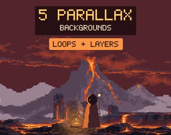 Può includere: Una grafica digitale in pixel art che mostra un paesaggio vulcanico con colate di lava, una figura scura che tiene un bastone e il testo 5 PARALLAX BACKGROUNDS e LOOPS + LAYERS in una tavolozza di colori marrone scuro e arancione.