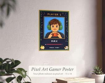 Custom Pixel Art Gamer Poster from Your Photo, Personalized Player 1 Print with Name, 11x14 Video Game Room Decor, Gift for Gamer Kid