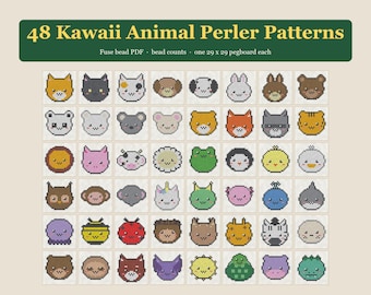Può includere: Una raccolta PDF digitale intitolata 48 Kawaii Animal Perler Patterns, che presenta una griglia di 48 volti di animali in pixel art di vari colori. Ogni disegno è formattato per una base di 29 x 29, inclusi gatti, orsi e altri animali.