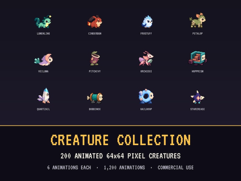 200 Animated Pixel Art Creature Sprites, 64x64 Sprite Sheet Game Assets ...