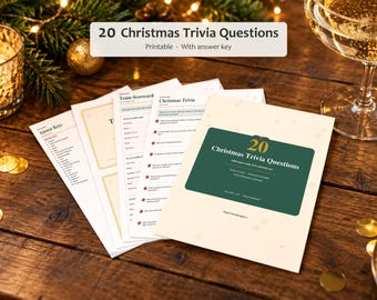 Può includere: Un set di fogli di gioco a quiz natalizi stampabili con 20 domande, una scheda segnapunti per squadre e una chiave di risposta. La copertina è color crema con una grafica rettangolare verde scuro contenente il testo 20 Christmas Trivia Questions.