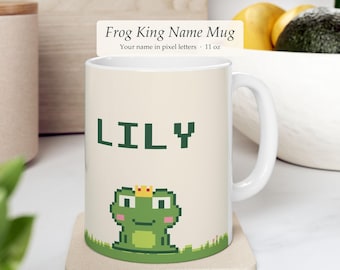 Personalized Frog Mug with Name, Cute Pixel Art Frog King Coffee Mug, Kawaii Frog Gift for Frog Lovers, Custom Name Mug 11 oz