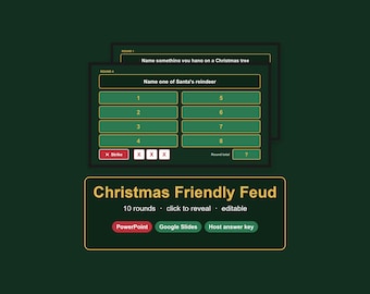 Può includere: Un'interfaccia di gioco digitale intitolata Christmas Friendly Feud con uno sfondo verde scuro. Lo schermo mostra un tabellone di gioco con la domanda Name one of Santa's reindeer, otto spazi numerati per le risposte e indicatori di errore.