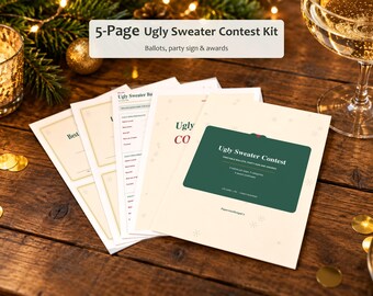 Può includere: Un kit di 5 pagine per un concorso di maglioni brutti, contenente schede elettorali, un cartello per la festa e certificati di premiazione. I fogli sono color crema con accenti verde scuro e il testo Ugly Sweater Contest, ballots, party sign & awards.